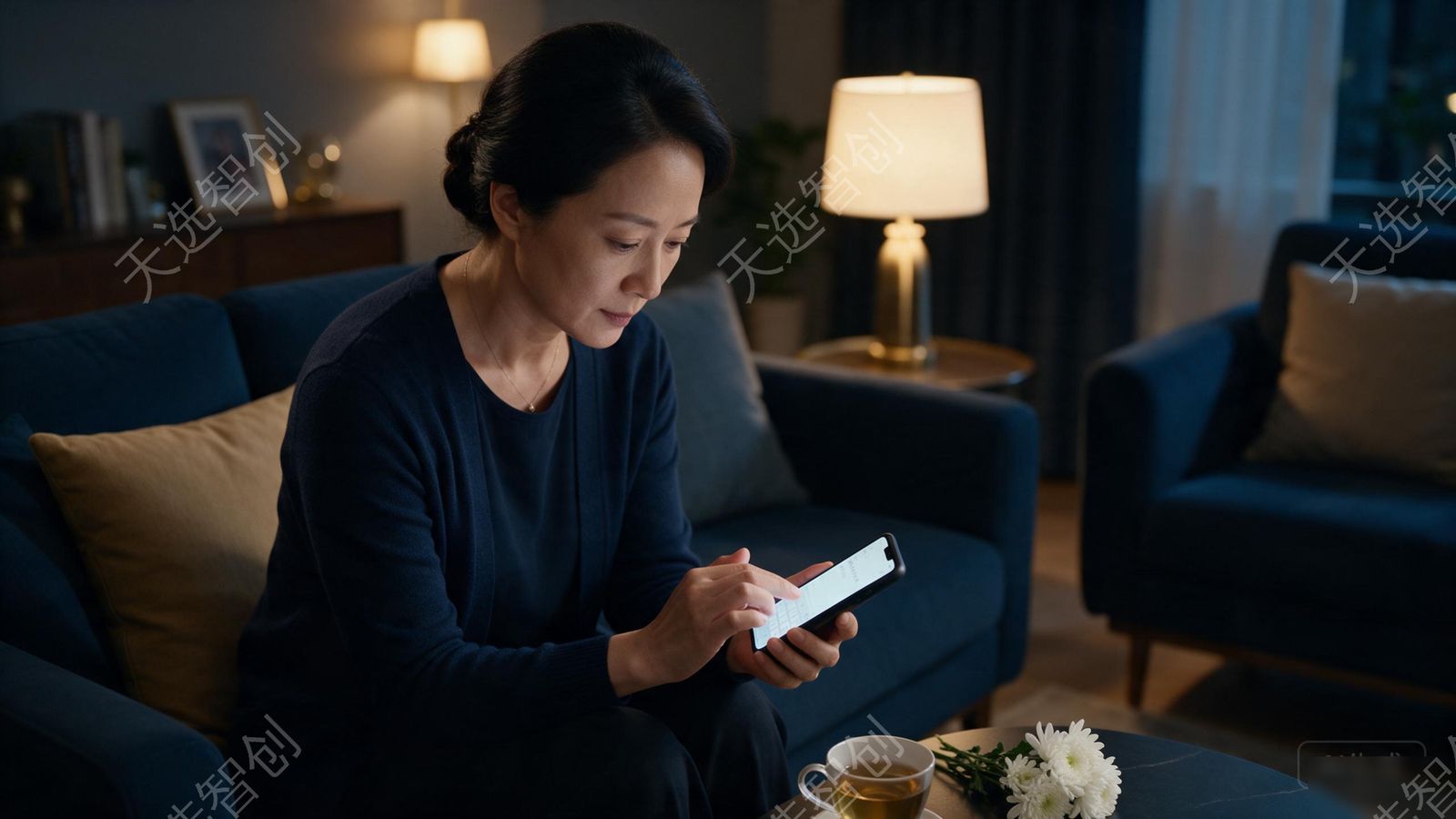 一位中年女士在家中安静地捧着手机,打开微信小程序在故人纪念页的留言框中庄重地输入悼念文字,屏幕显示简洁的中文输入界面与