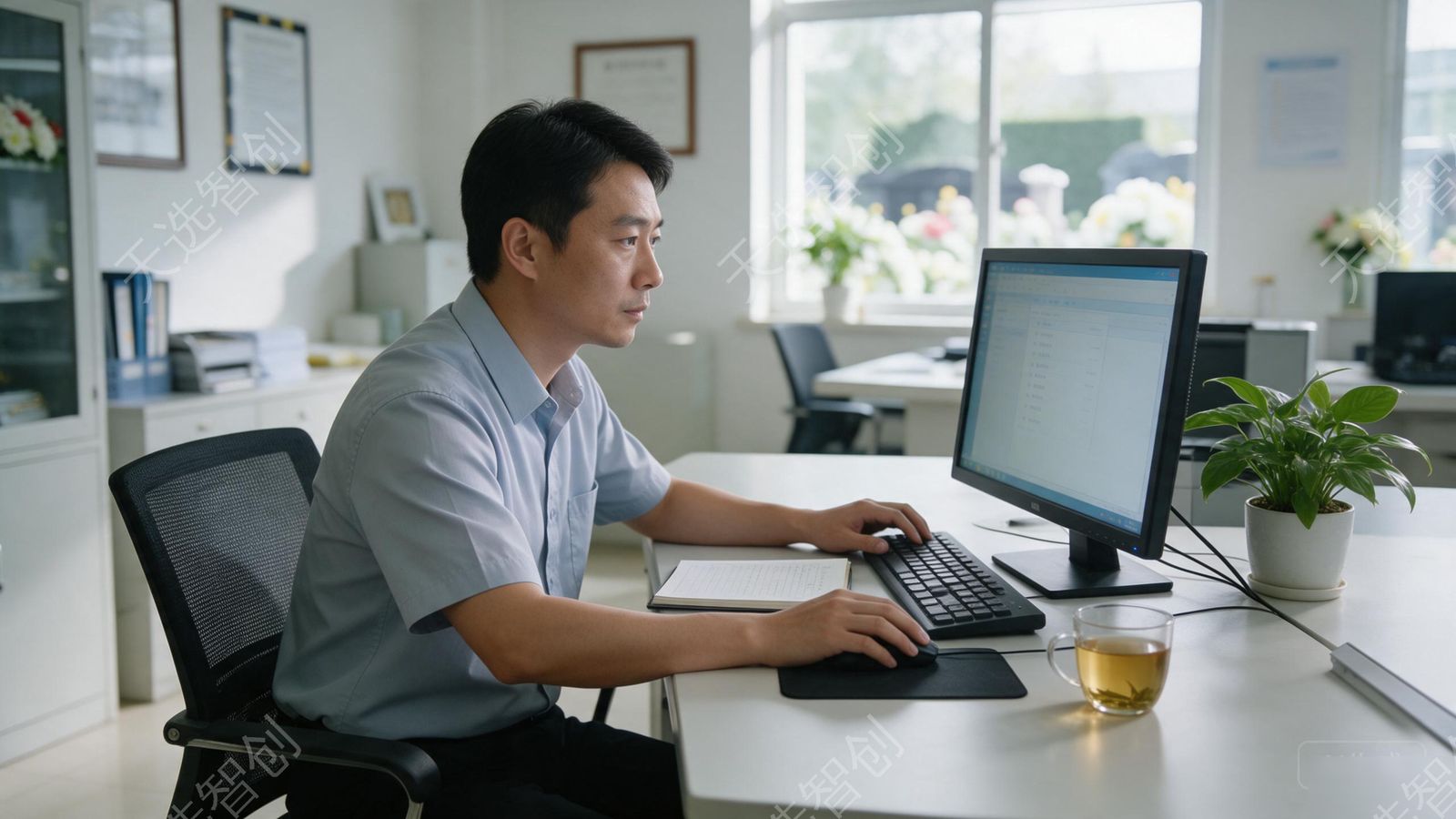 殡葬服务机构的工作人员坐在整洁的办公桌前,面对电脑在管理后台逐条查看家属留言列表,屏幕亮起显示后台列表界面但文字不突出,桌面整洁,窗外自然光,体现专业规范的审核工作场景