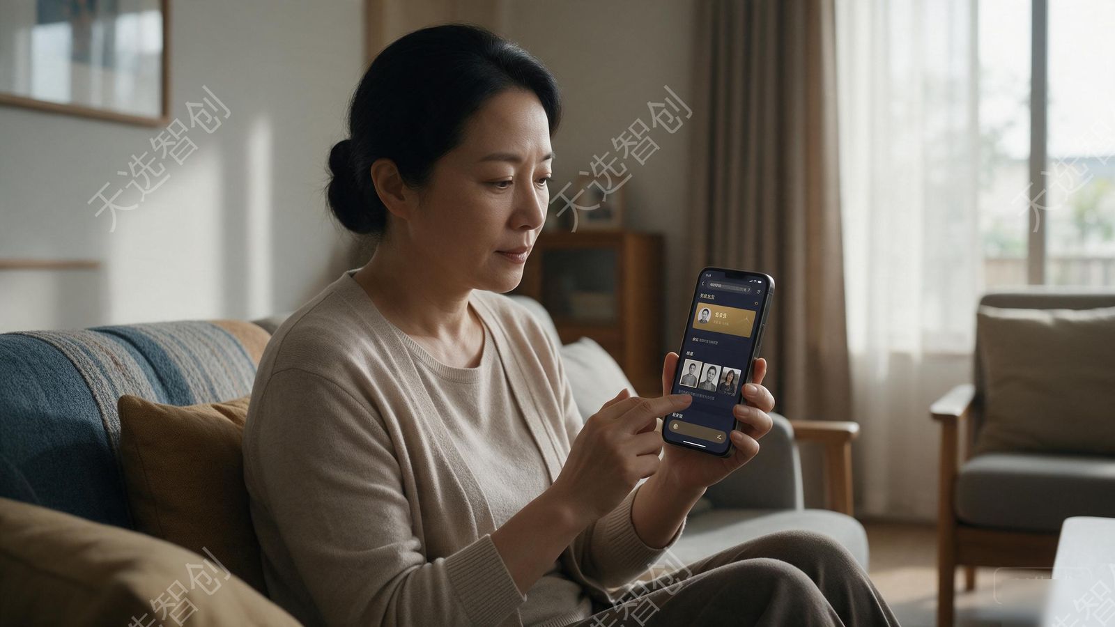 一位中年女性在家中客厅安静地看着手机，正在向家族微信群转发一条线上纪念馆分享卡片，手机屏幕上是简洁的中文纪念空间卡片界面，窗外自然光柔和，整体氛围庄重温情