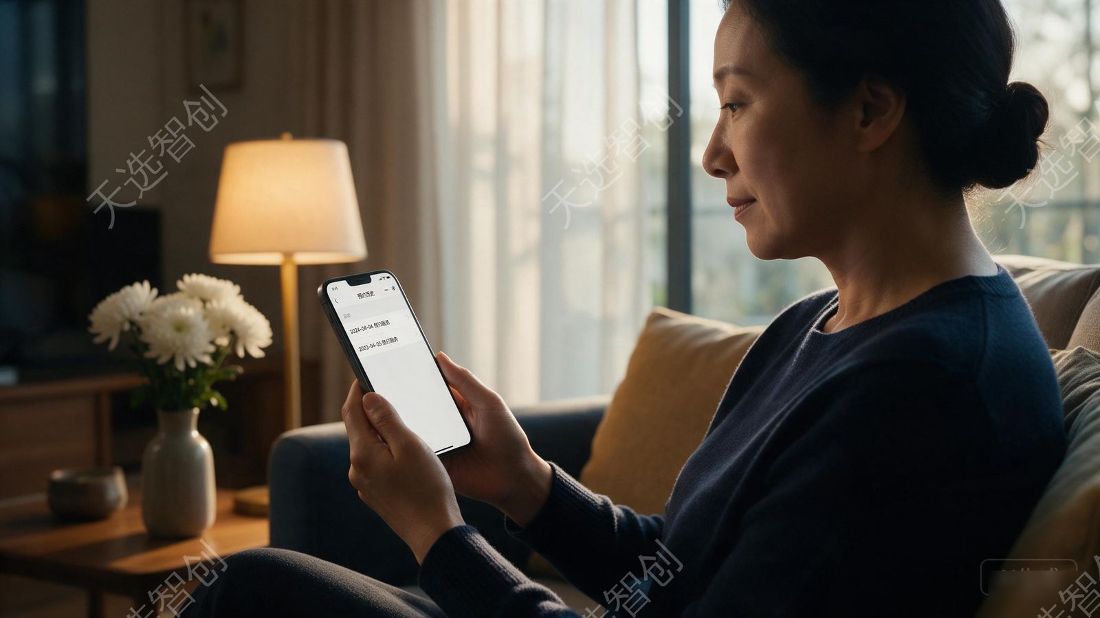 一位亚洲中年女性在家中安静的客厅里,用手机查看线上祭扫小程序的预约历史记录列表,手机屏幕为简洁的中文列表界面,暖色台灯与窗外自然光,氛围庄重平和