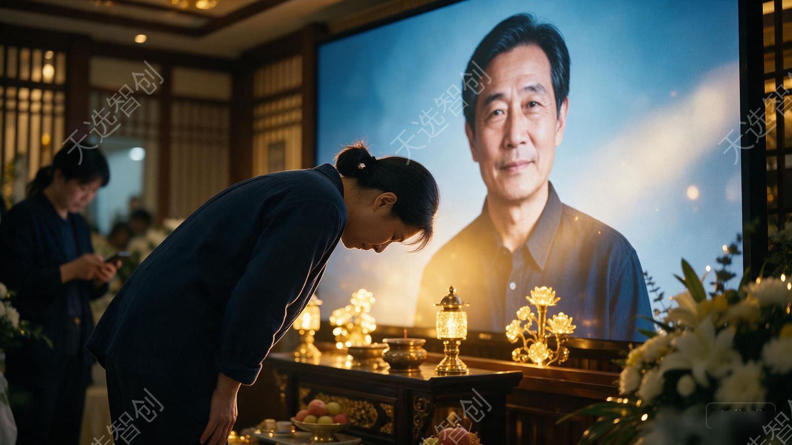 祭拜厅内家属在巨幅屏幕前鞠躬致意，屏幕播放逝者纪念影像，画面一侧可见其亲属通过手机观看同一场仪式直播