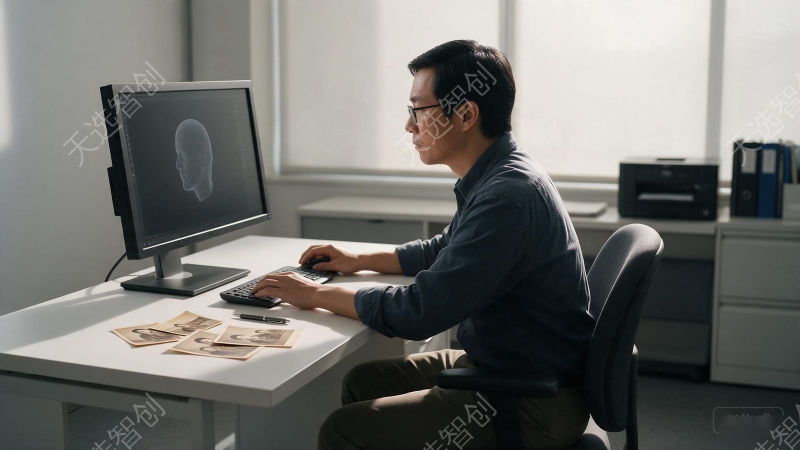 一间安静的办公室里,一位亚洲技术人员在工作台前查看屏幕上的人物三维立体模型,台面上平放着几张泛黄的老照片,光线柔和,环境整洁