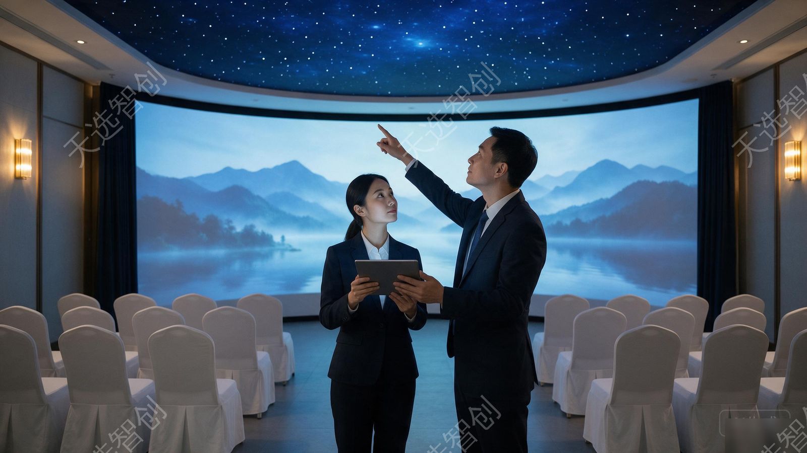 一间现代中式吊唁厅内,两位亚洲技术人员站在环幕投影前盯着手中的平板调试图层融合,环幕上呈现蓝色调山水影像,两侧白色座椅排列整齐,天花板为星空投影幕布,灯光柔和庄重