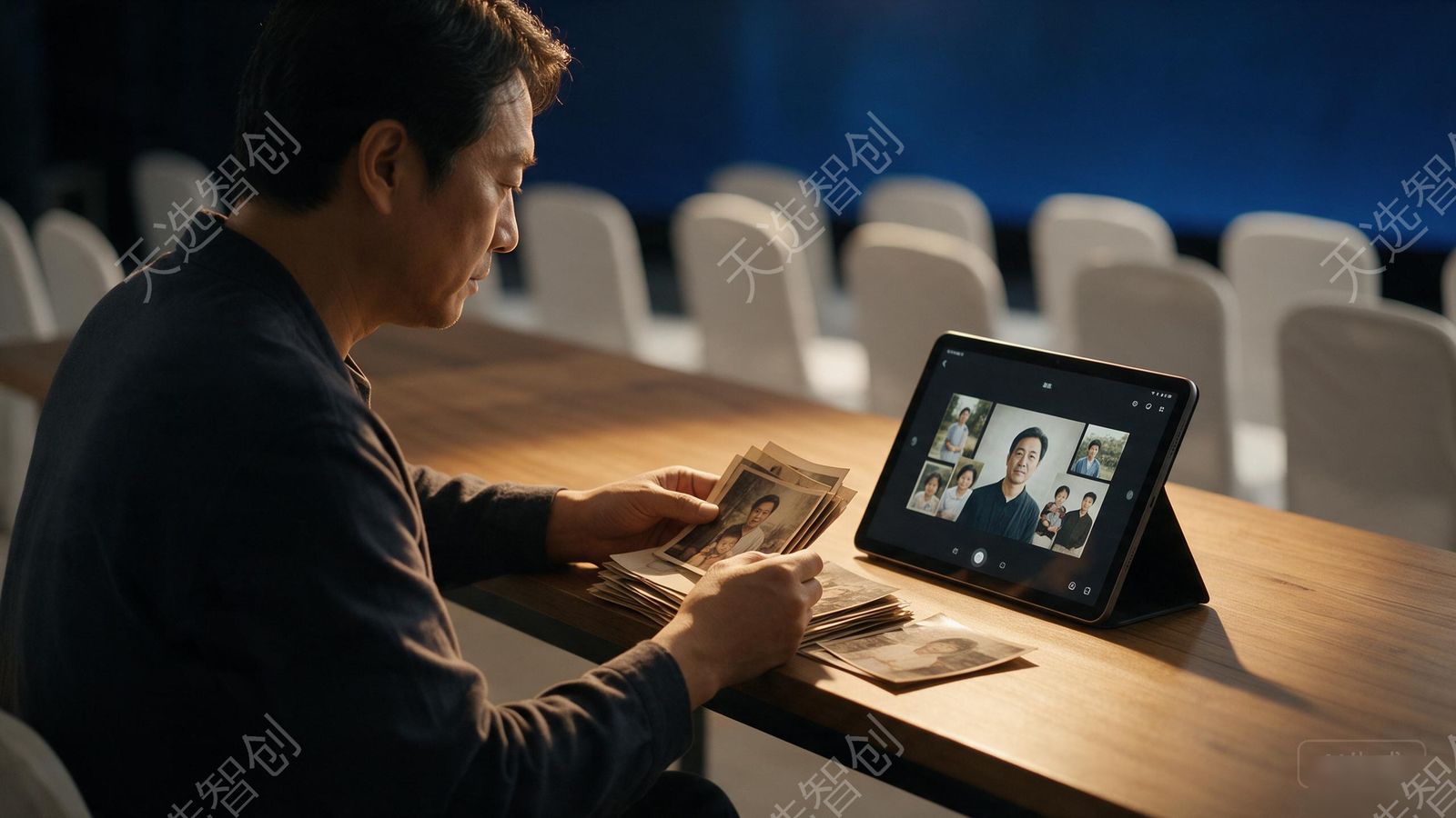 吊唁厅内一处安静的家属休息角落，一位亚洲中年家属坐在木桌前翻看一叠泛黄的旧照片，桌上放着一台平板电脑，屏幕上是刚排好顺序的追思影像画面（以人物影像为主，无大段文字），环境为暖金色灯光，氛围沉静克制
