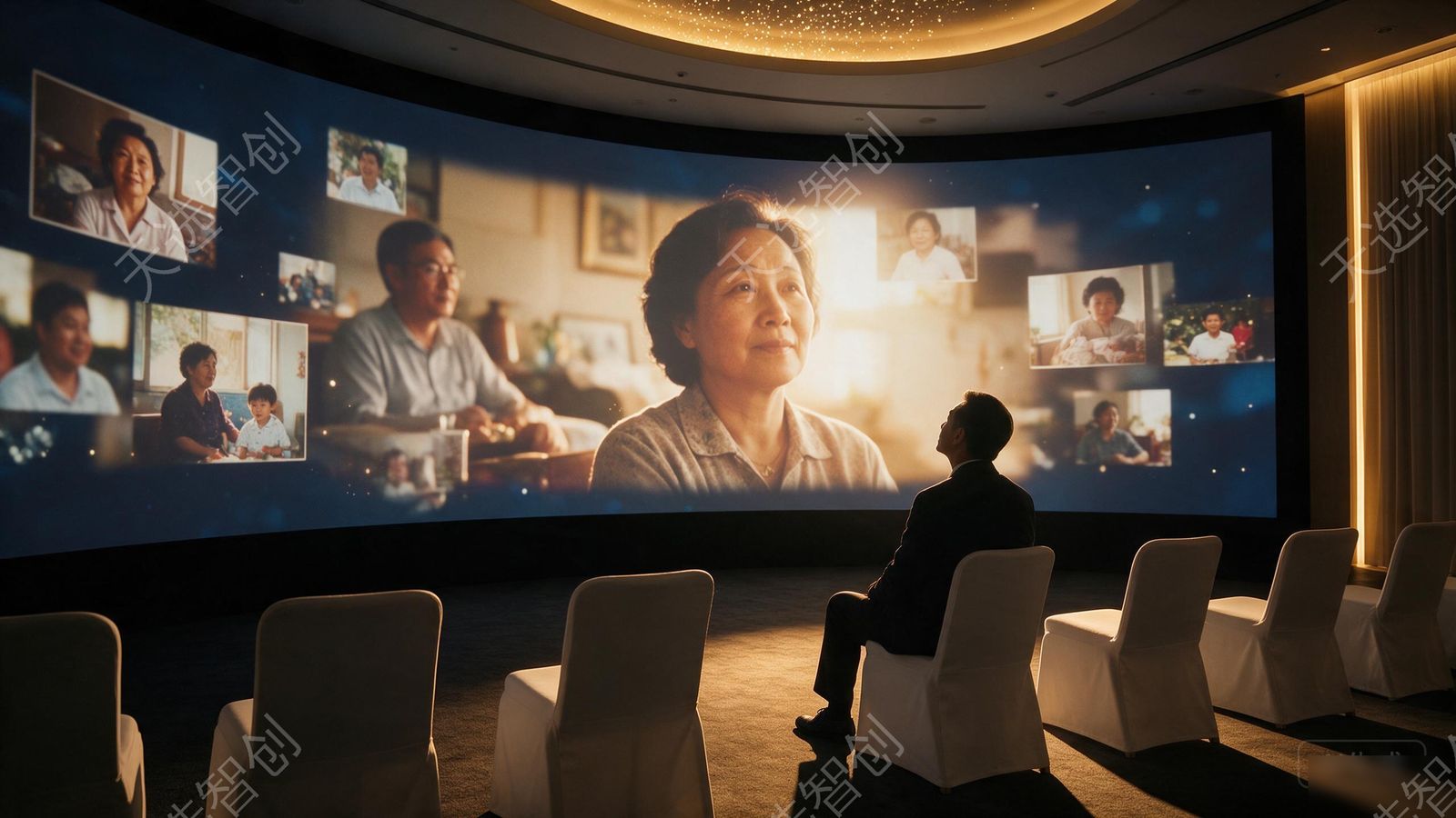全息吊唁厅内，弧形环幕上正播放一段追思影像，画面是组接的暖色调旧照片与生活片段，一位亚洲中年来宾独自坐在白色布艺座椅上安静注视，逆光剪影，厅内暖金色灯光与深蓝环幕形成对比，氛围庄重