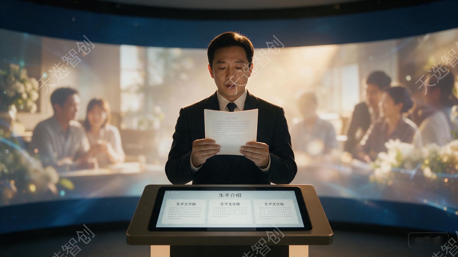 全息吊唁厅告别仪式现场，一位亚洲男性司仪站在庄重简洁的司仪台前朗读悼词，面前触控屏显示生平文字稿的简洁界面（避免密集小字）；身后弧形环幕上呈现逝者的暖色调生平影像，厅内暖金色灯光与深蓝环幕形成柔和对比，整体氛围庄重肃穆